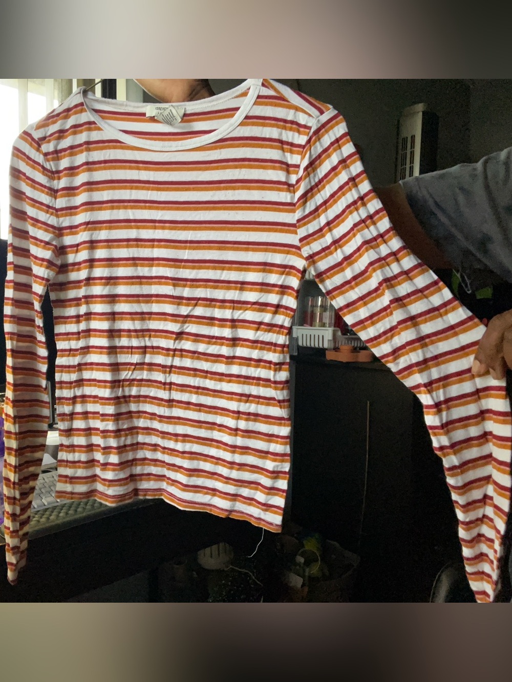 Long Sleeve Stripe Tee with Red and Mustard Stripes - sorry for the wrinkles